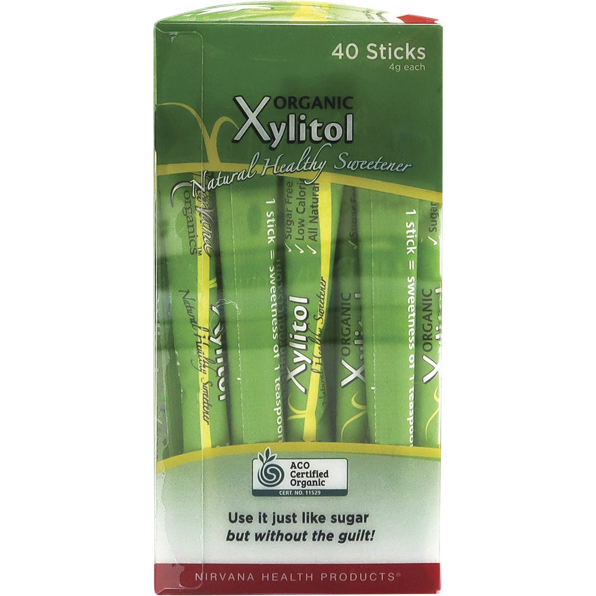 Side view of a 40-pack box of Nirvana Organics Xylitol sticks with product benefits and a green and white floral design.