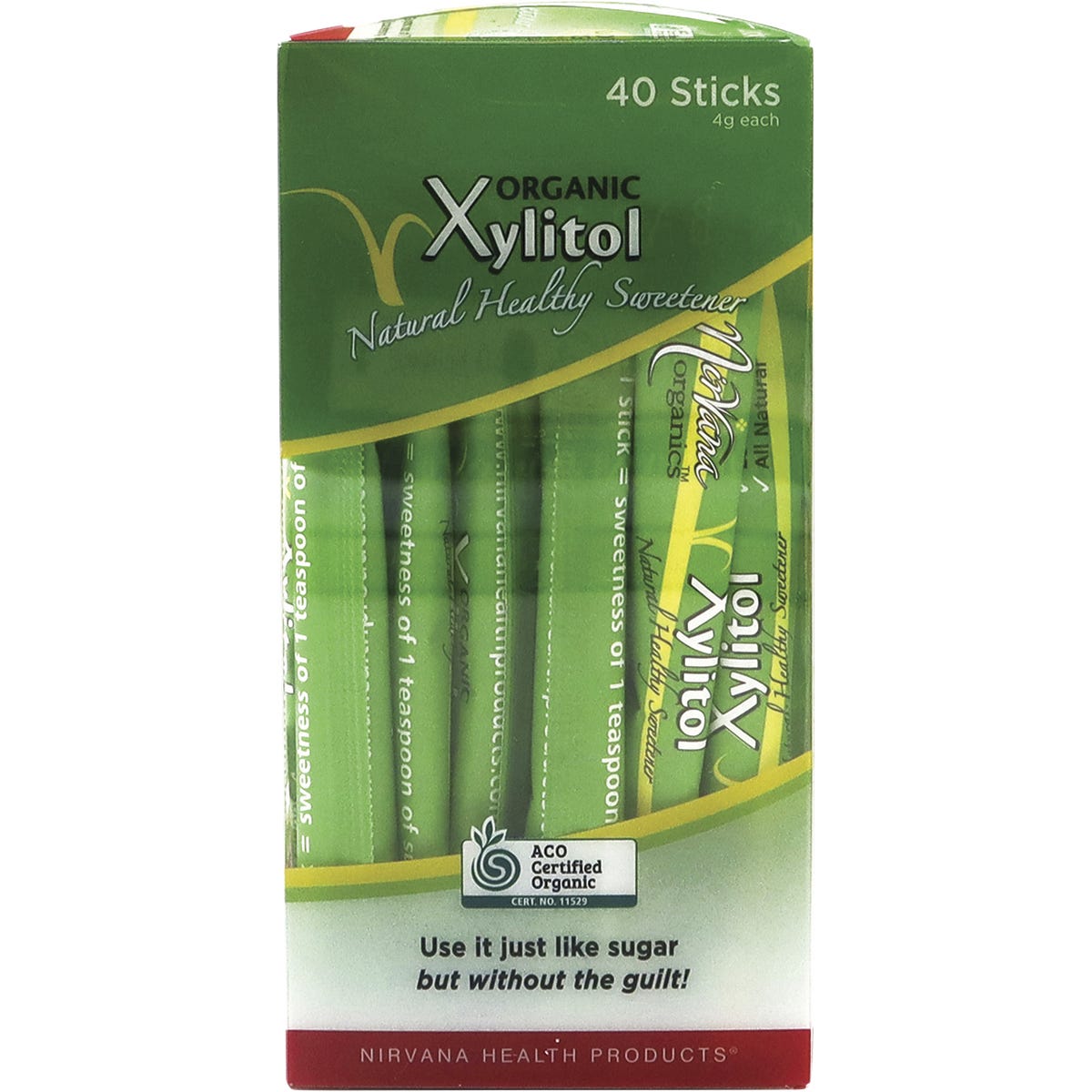 Right side of Nirvana Organics Xylitol 40-pack box showing product benefits and Australian-made logo.