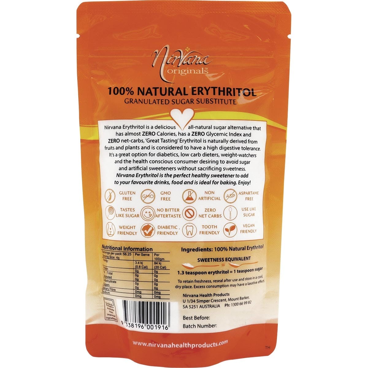 Back of Nirvana Originals 225g Erythritol pouch showing nutrition facts, ingredients, and product benefits.