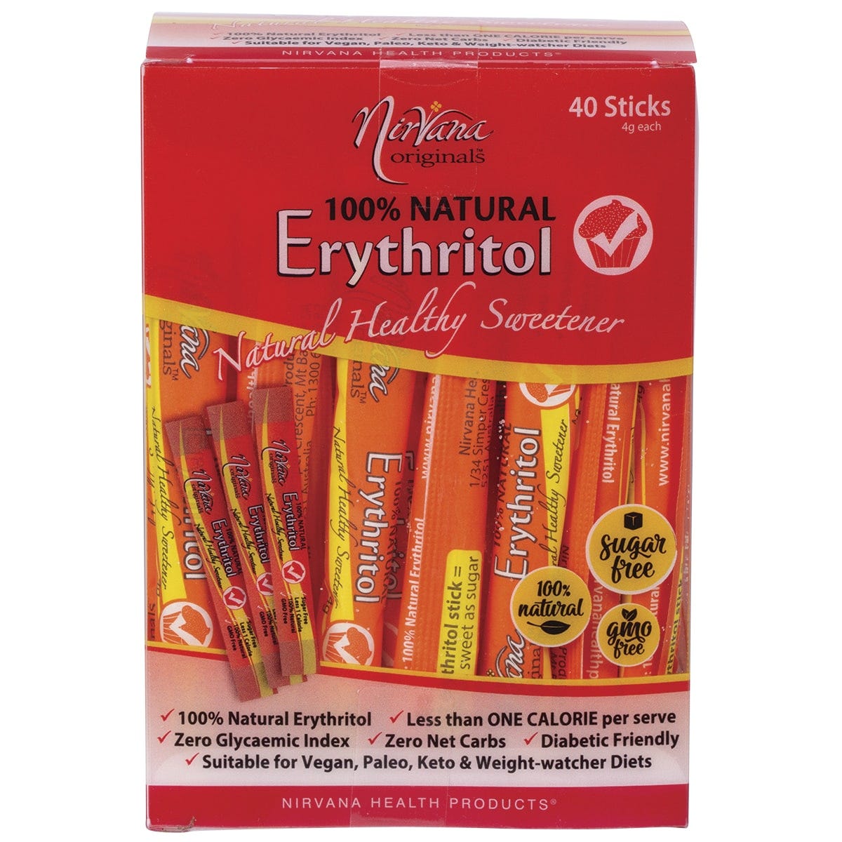 40-pack of Nirvana Originals 100% Natural Erythritol 4g sticks in a blue and white box.