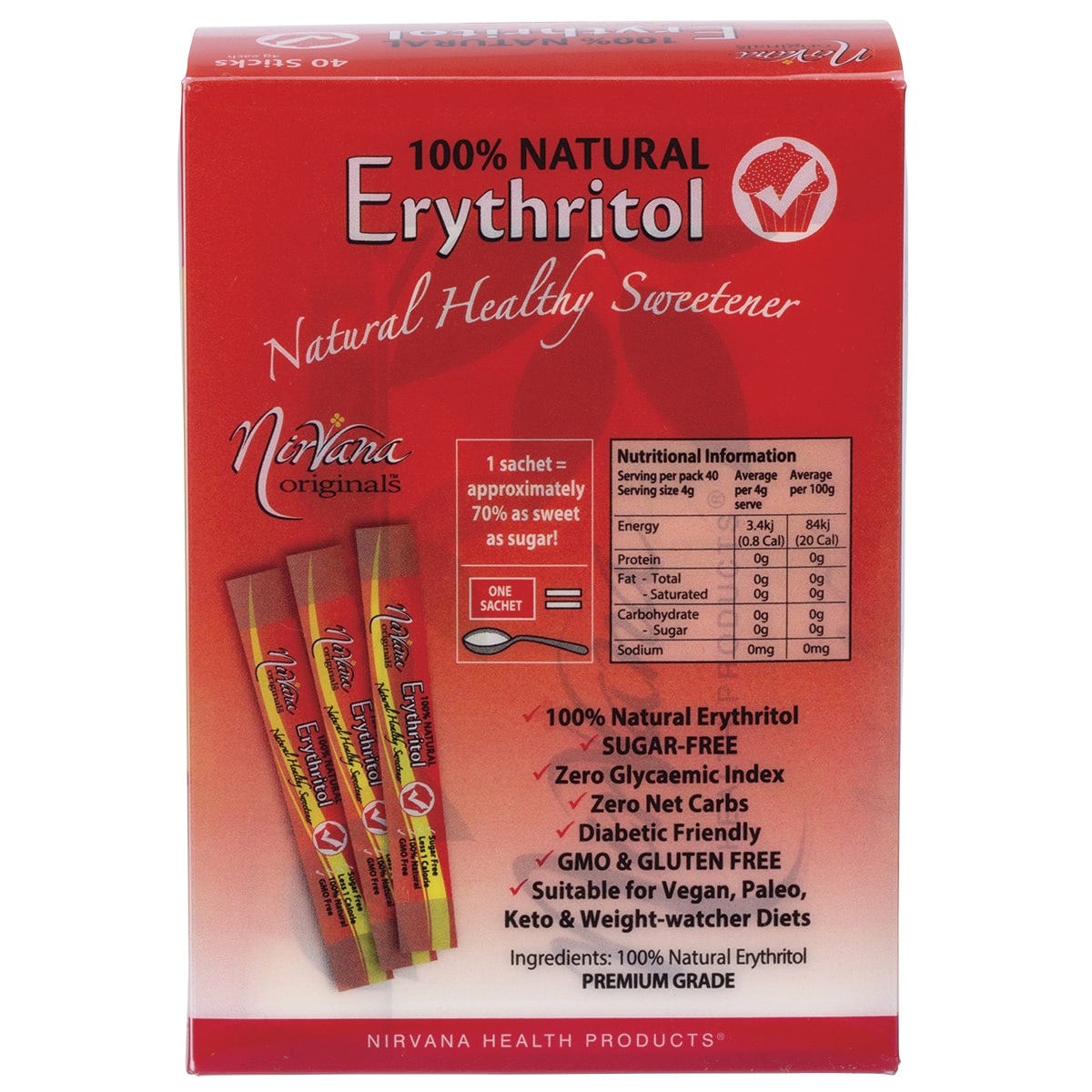 Back of a Nirvana Erythritol 40-pack box with nutritional info, benefits, and Australian-made logo.