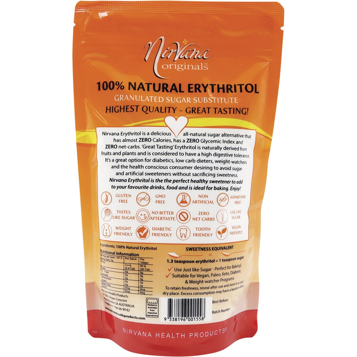 Back of Nirvana Originals 750g Erythritol bag with nutrition facts, ingredients, and storage instructions.