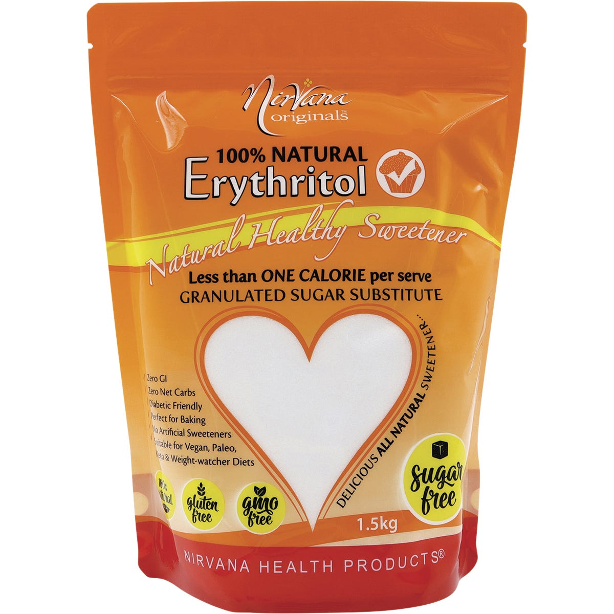 1.5kg bag of Nirvana Originals Erythritol 100% Natural sweetener with a green and white label.