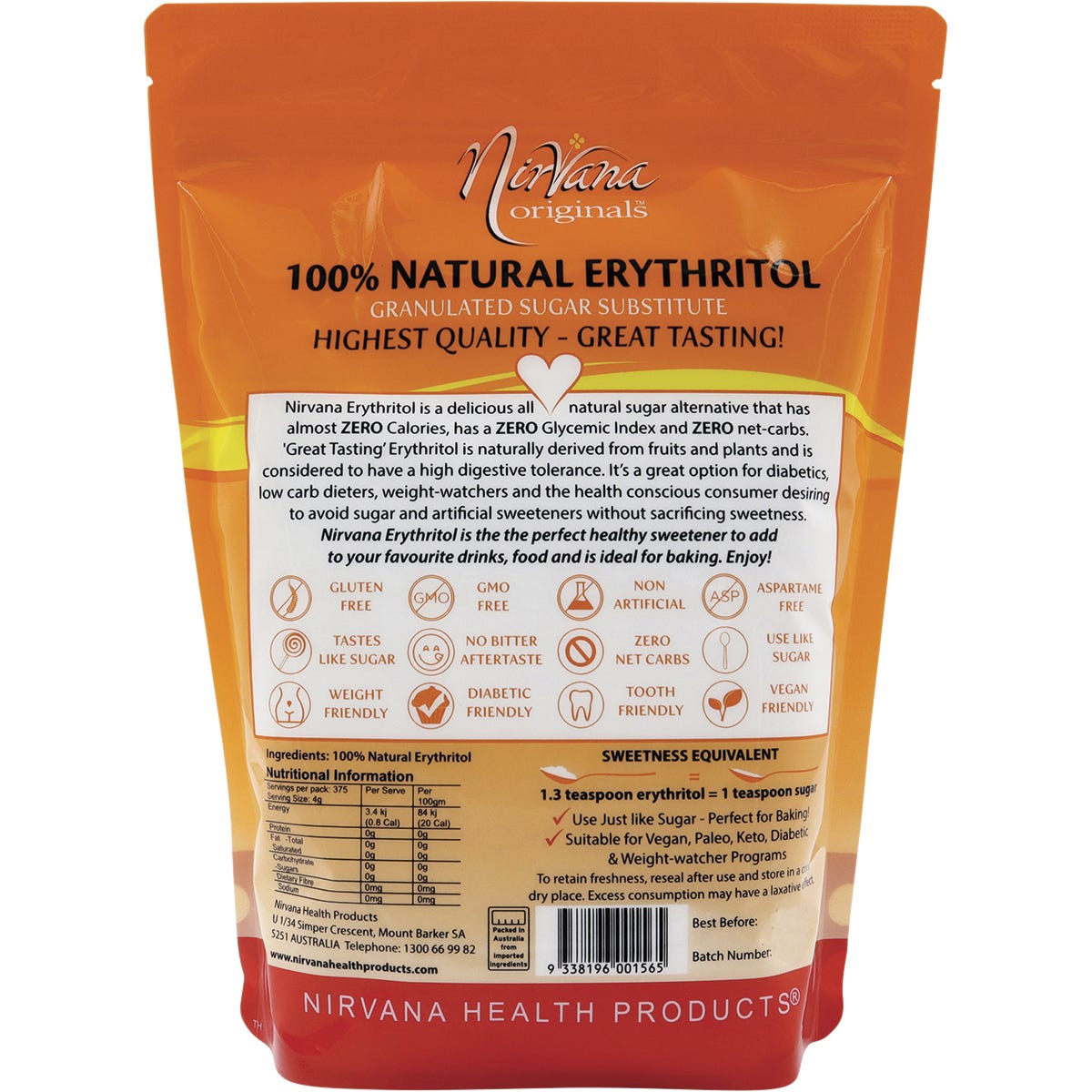 Back of Nirvana Originals Erythritol 1.5kg bag with nutrition facts, ingredients, and storage instructions.
