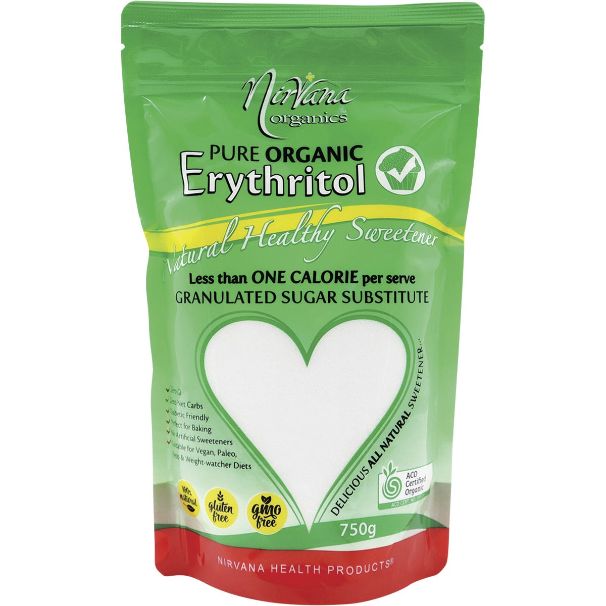 750g bag of Nirvana Organics Erythritol Pure Organic on a white background with a green and white label.