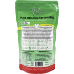 Back of Nirvana Organics Erythritol 750g bag with nutrition facts, usage directions, and organic certification.