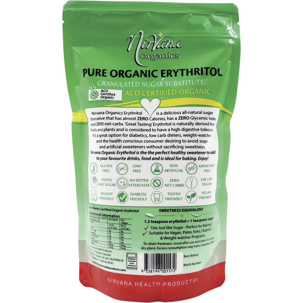 Back of Nirvana Organics Erythritol 750g bag with nutrition facts, usage directions, and organic certification.