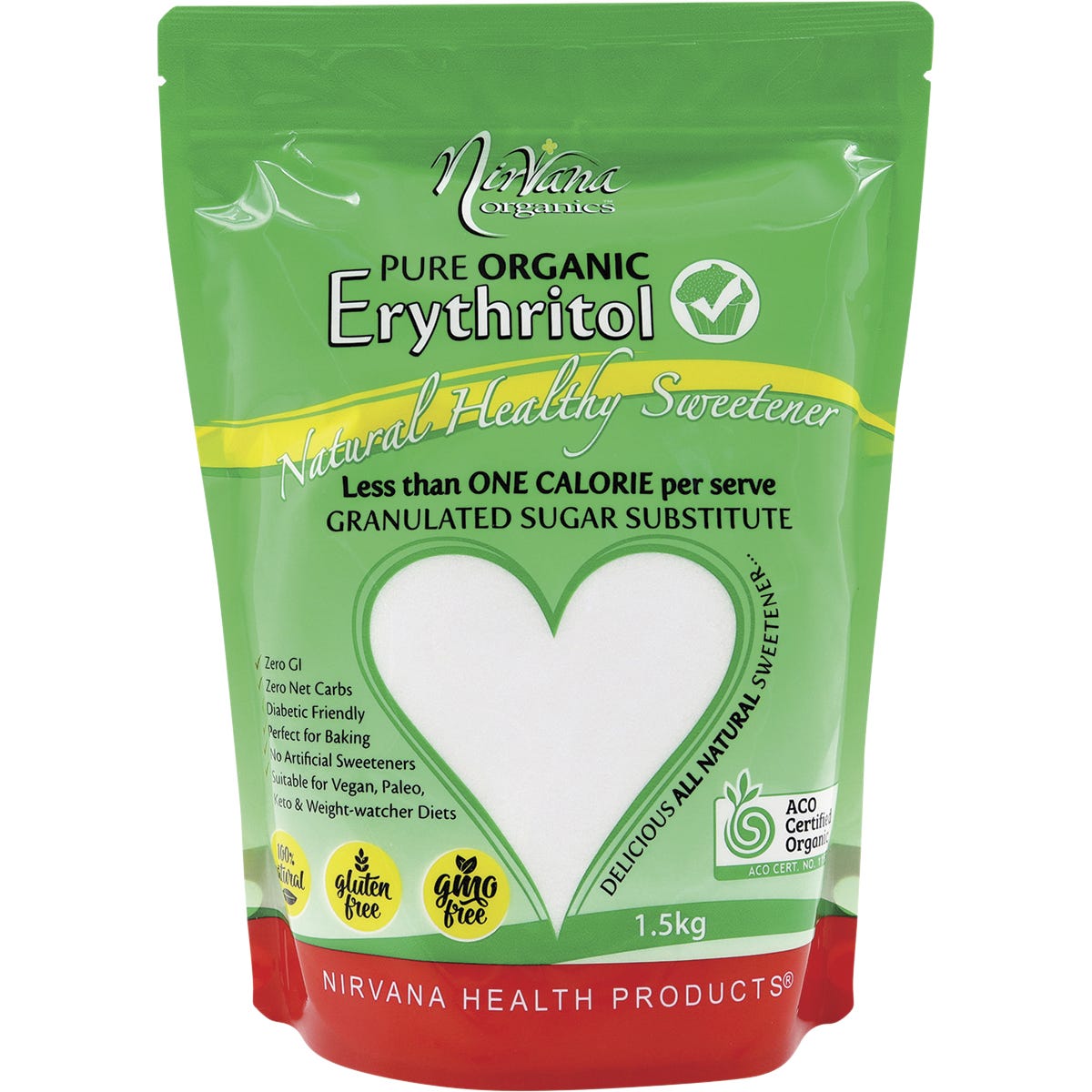 1.5kg pouch of Nirvana Organics Erythritol Pure Organic, a natural sugar substitute with zero calories.