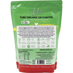Back of Nirvana Organics Erythritol 1.5kg bag with nutrition facts, ingredients, and usage instructions.