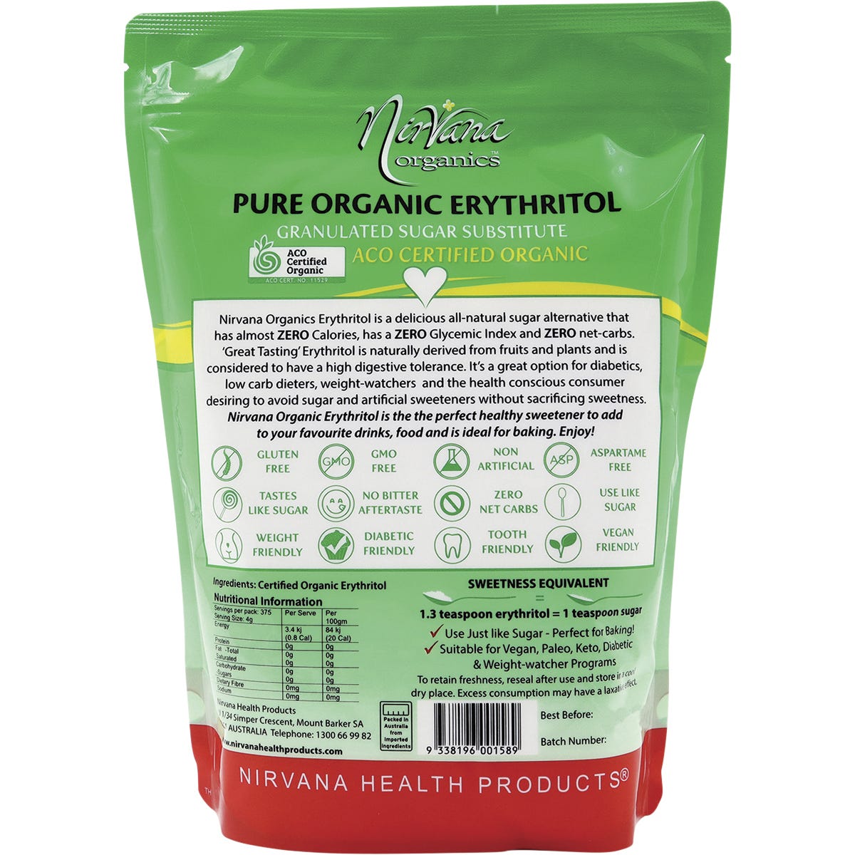 Back of Nirvana Organics Erythritol 1.5kg bag with nutrition facts, ingredients, and usage instructions.