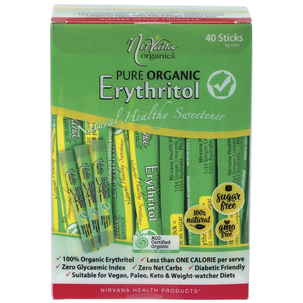 Box of 40 Nirvana Organics Erythritol 4g sticks, a natural sugar alternative, on a clean white background.