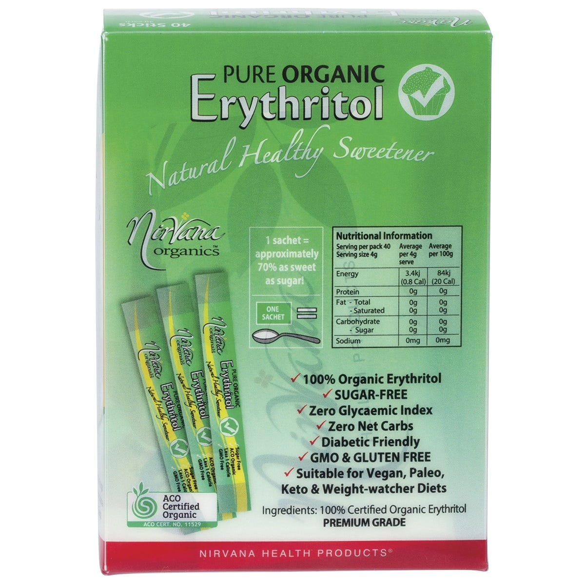 Back of a Nirvana Organics Erythritol box showing nutritional facts, ingredients, and product benefits.