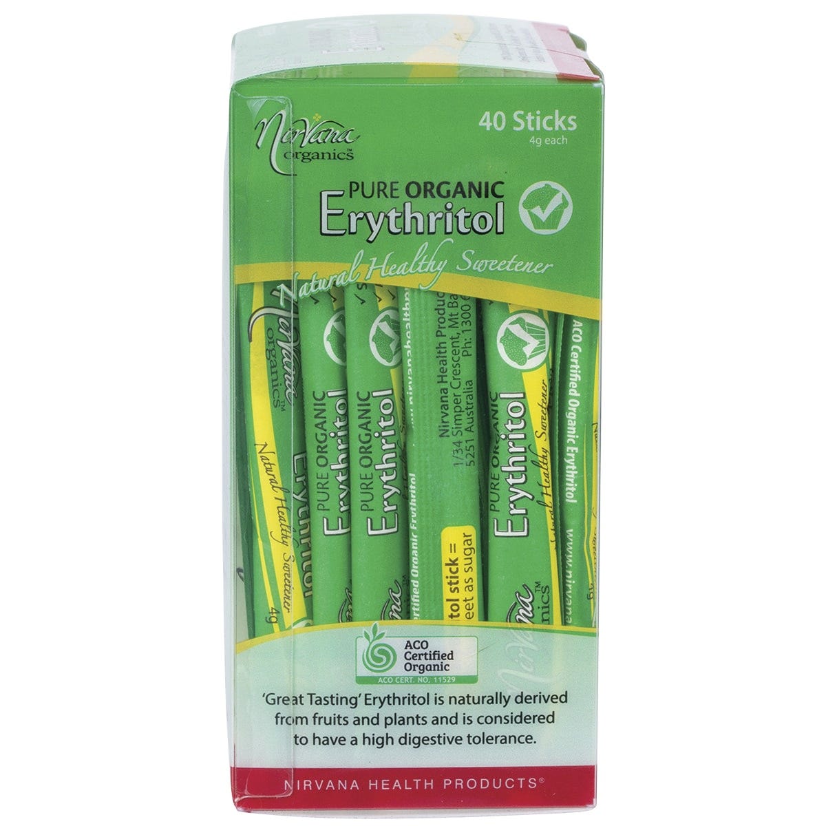 Left side of a Nirvana Organics Erythritol 40-pack box highlighting its natural sugar alternative benefits.