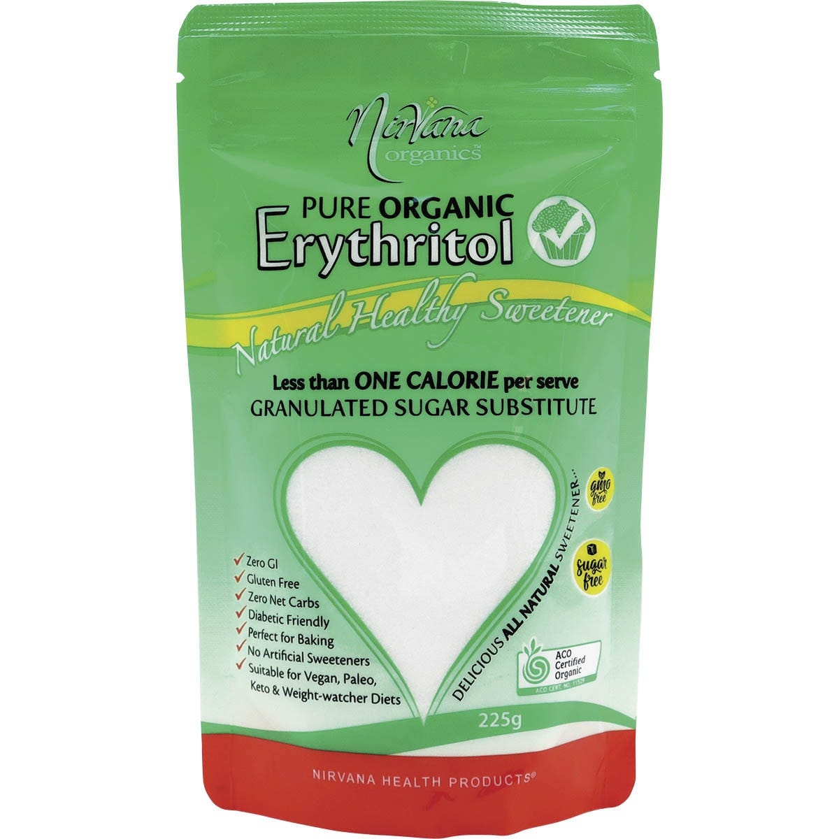 Nirvana Organics Erythritol Pure Organic 225g stand-up pouch featuring a green and white label.