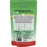 Back of Nirvana Organics Erythritol 225g pack with nutrition facts, ingredients, and usage instructions.