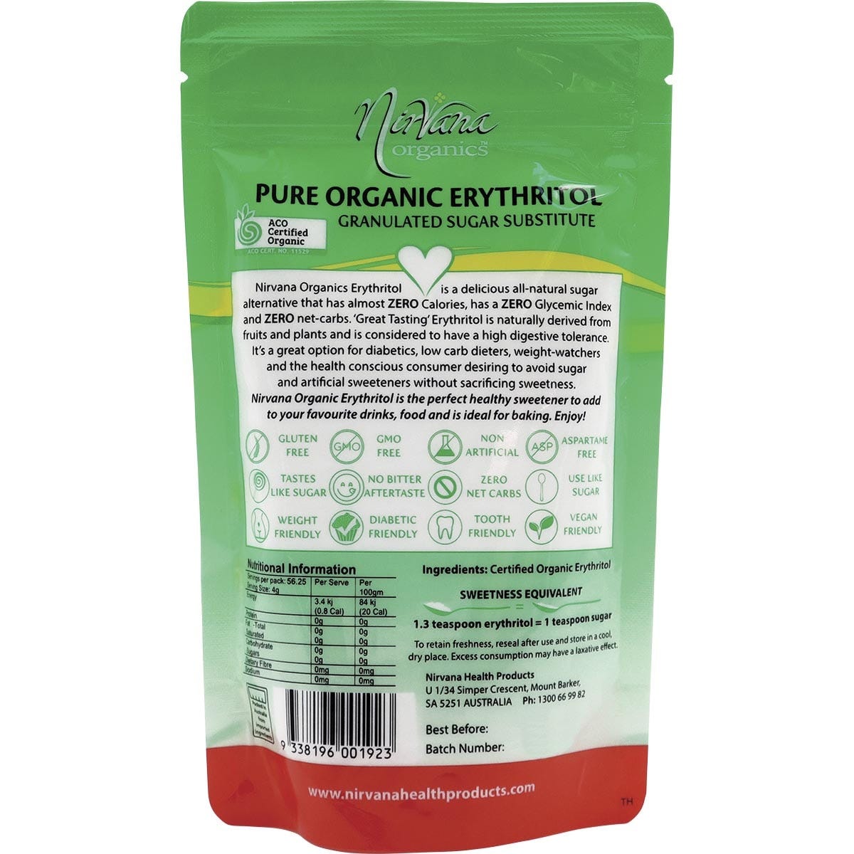 Back of Nirvana Organics Erythritol 225g pack with nutrition facts, ingredients, and usage instructions.
