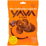35g bag of YAVA Cacao Wild-Harvested Cashews featuring a blue and white label with illustrations of cacao beans.