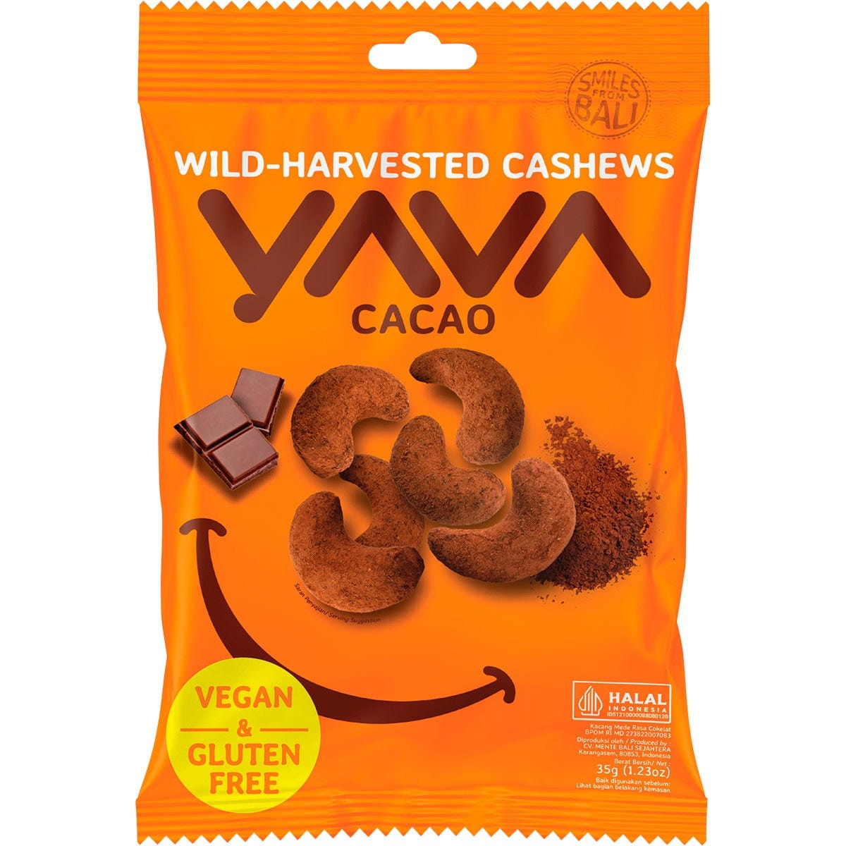 35g bag of YAVA Cacao Wild-Harvested Cashews featuring a blue and white label with illustrations of cacao beans.