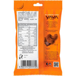 Back of a 35g Yava Cacao Cashews pouch showing nutrition facts, ingredients, and a "Smile All Day" message.