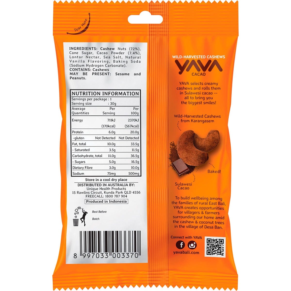 Back of a 35g Yava Cacao Cashews pouch showing nutrition facts, ingredients, and a "Smile All Day" message.