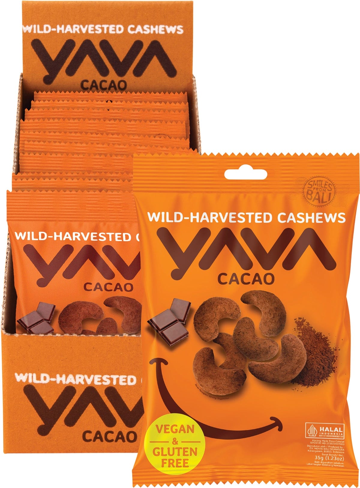 A 10-pack of Yava Wild-Harvested Cacao Cashews in a blue display box with individual 35g snack pouches.