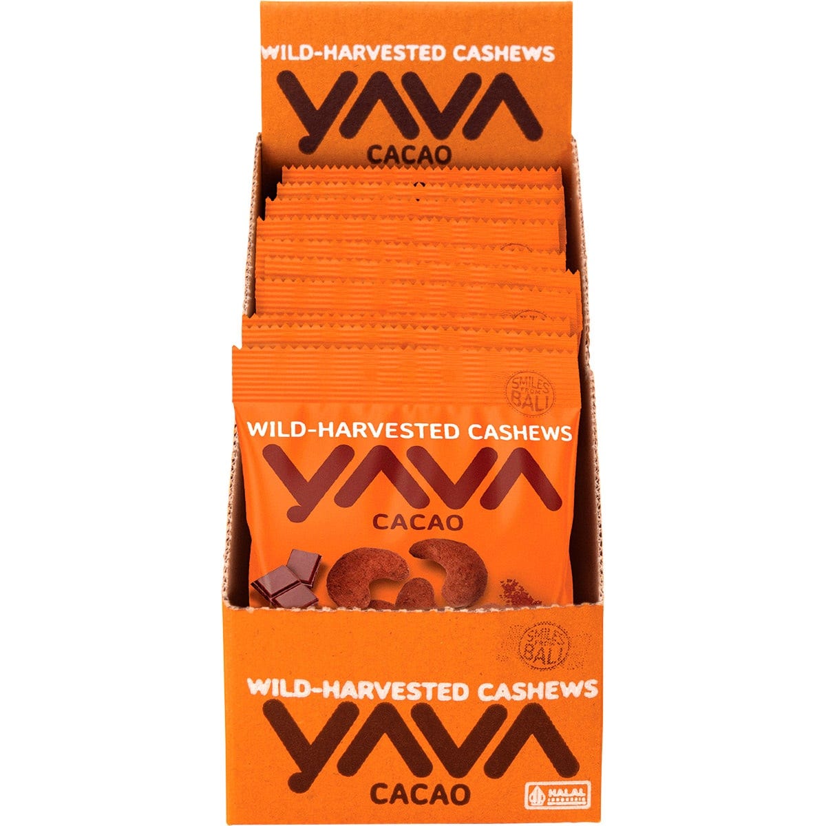 Retail display box of YAVA Cacao Wild-Harvested Cashews holding multiple 35g snack pouches.