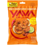 35g pouch of YAVA Chili Lime wild-harvested cashews with illustrations of chilis, lime, and coconut.