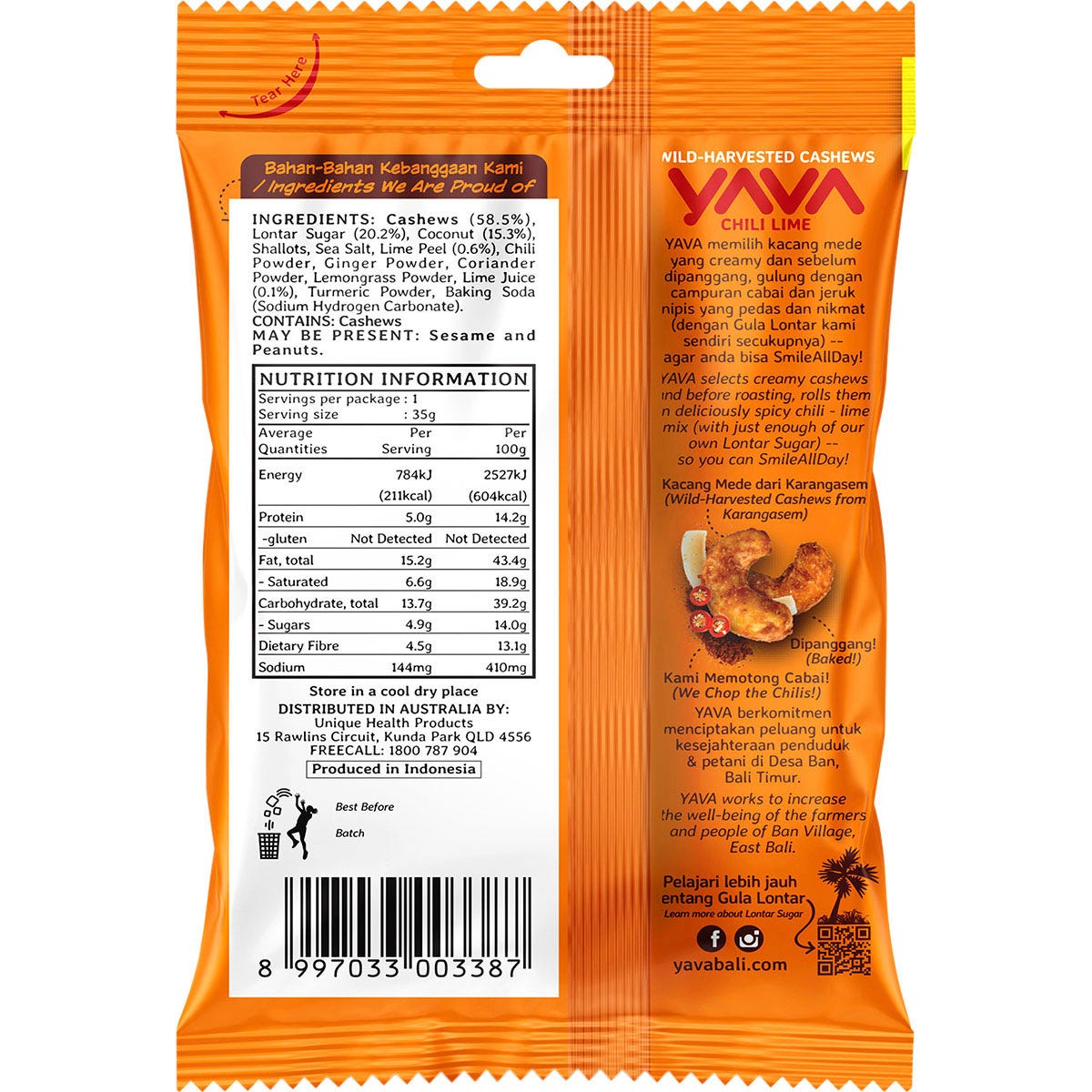 Back of a YAVA Chili Lime Cashews 35g bag showing nutrition facts, ingredients, and allergen information.