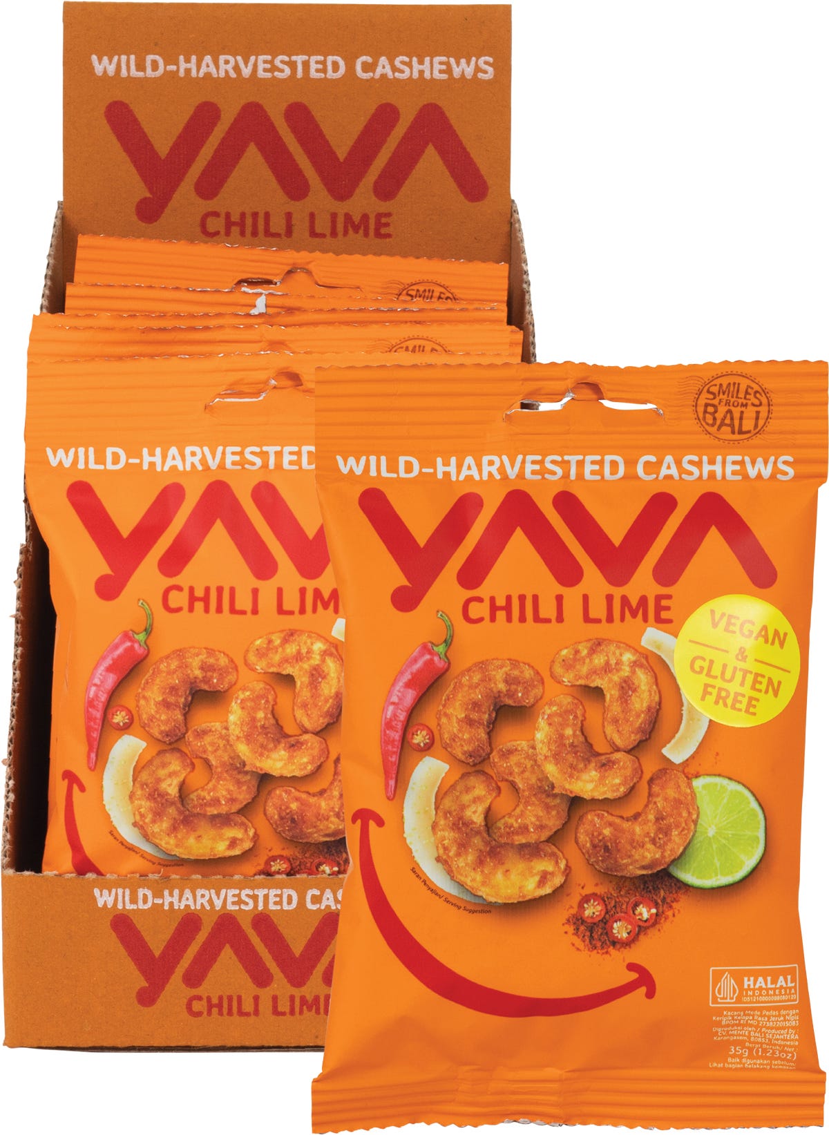 10-pack box and individual 35g pouch of YAVA Chili Lime wild-harvested cashews with zesty lime and chili illustrations.