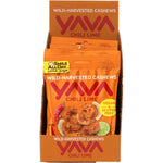 Yava Chili Lime Cashews display box with individual 35g snack pouches and loose cashews with chili and lime.