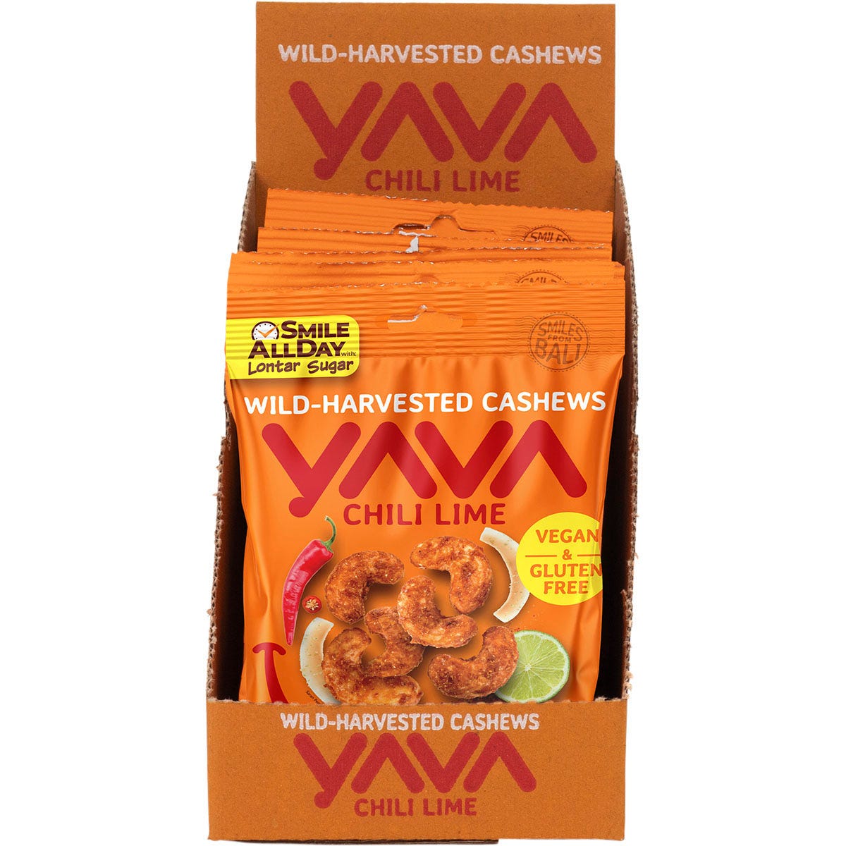 Yava Chili Lime Cashews display box with individual 35g snack pouches and loose cashews with chili and lime.