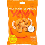 A 35g pouch of YAVA Roasted Cashews with coconut, featuring wild-harvested nuts and toasted coconut strips.