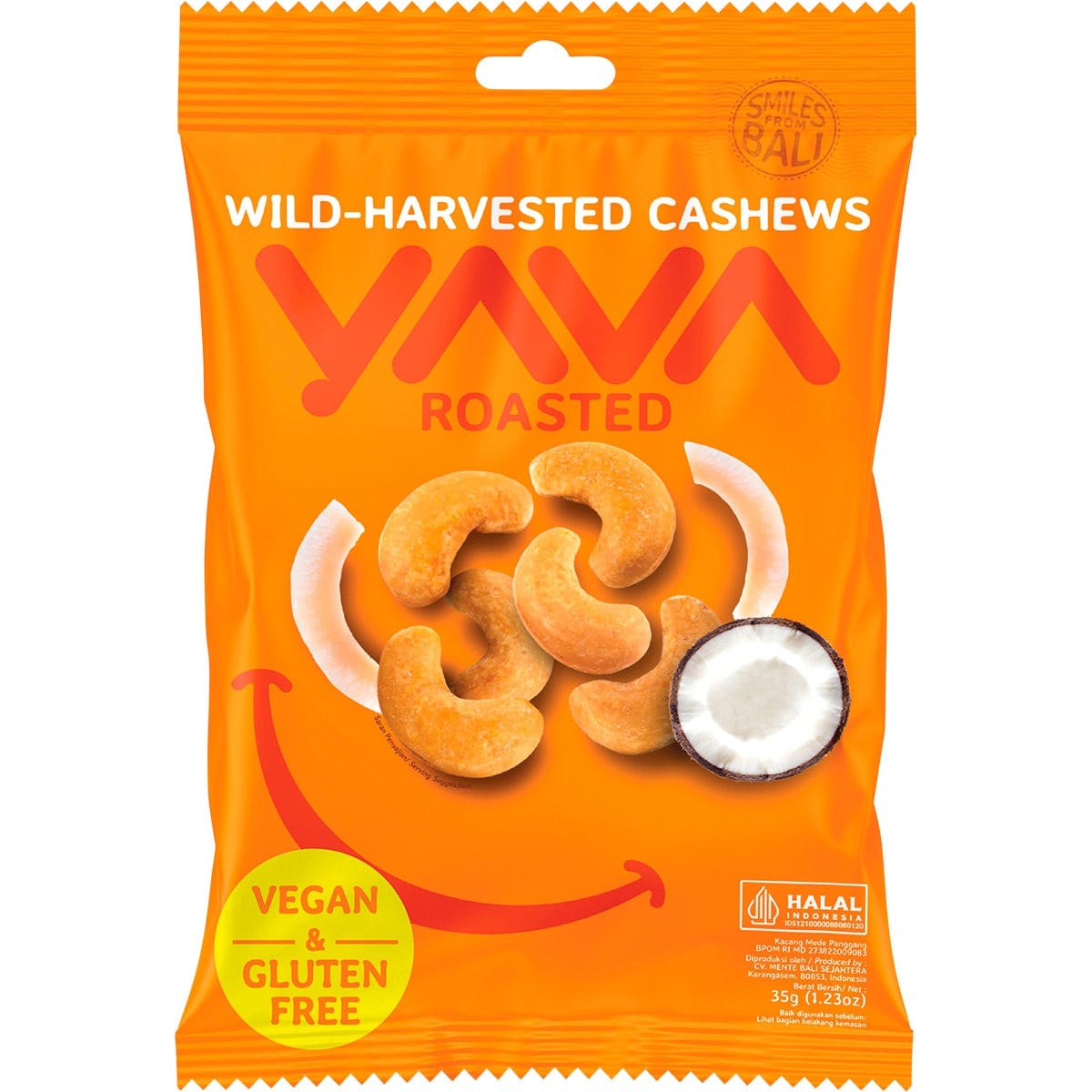 A 35g pouch of YAVA Roasted Cashews with coconut, featuring wild-harvested nuts and toasted coconut strips.