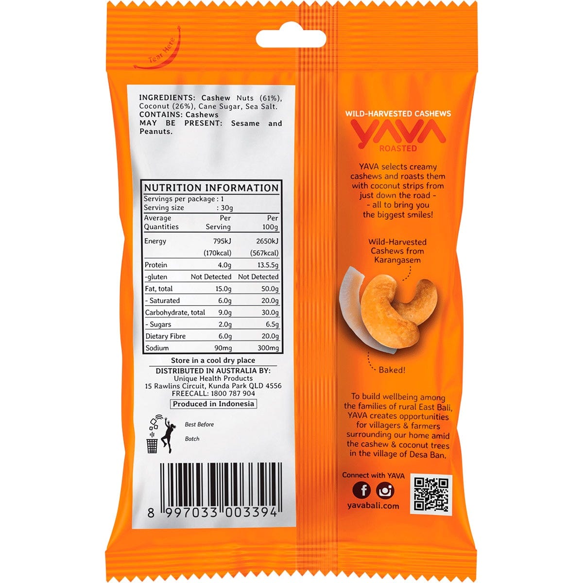 Back of YAVA Roasted Cashews 35g bag with nutrition facts, ingredients, and product features on a white background.