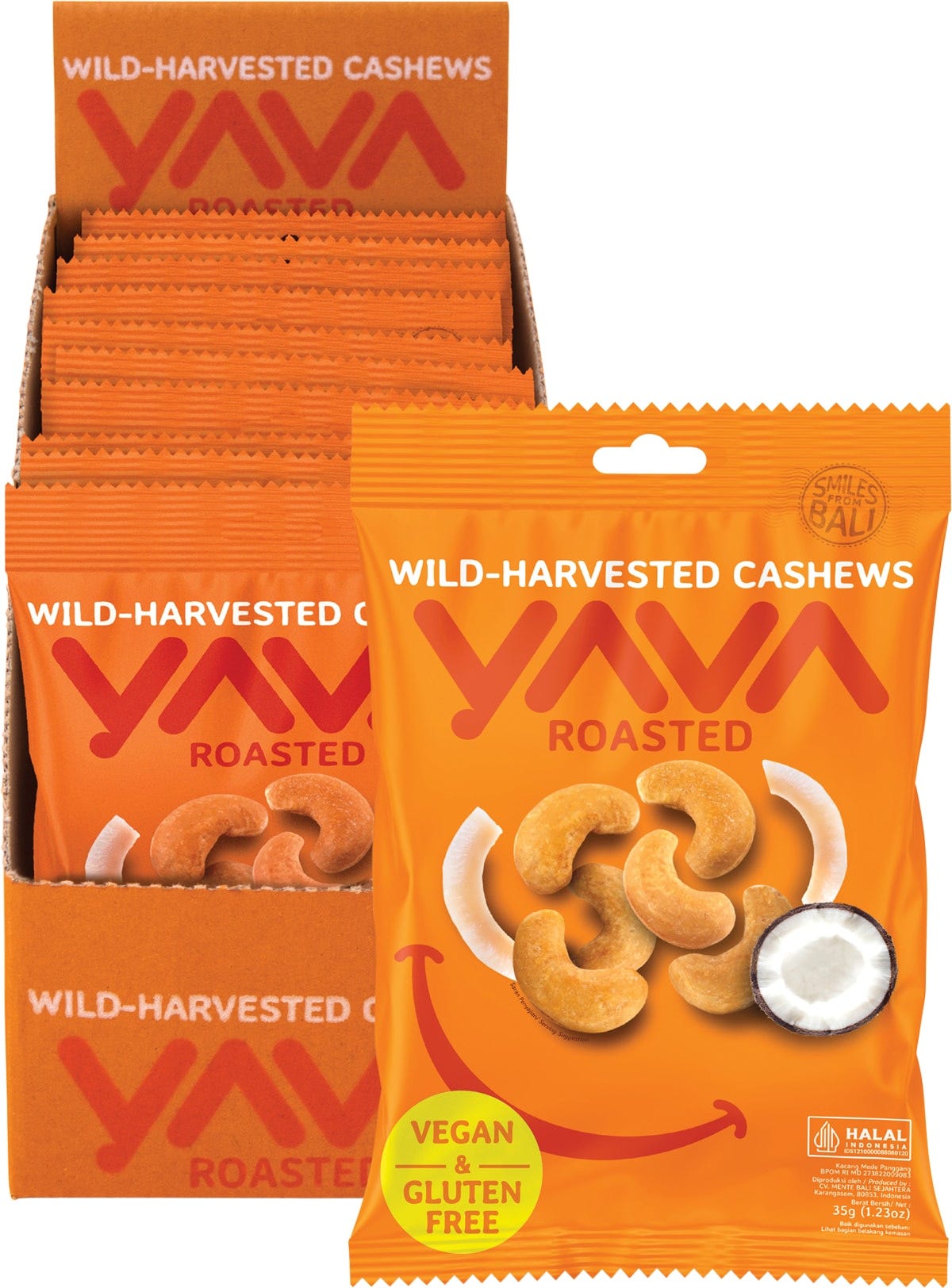A 10-pack box and individual 35g pouch of YAVA Roasted Cashews with coconut, shown with loose nuts and coconut strips.