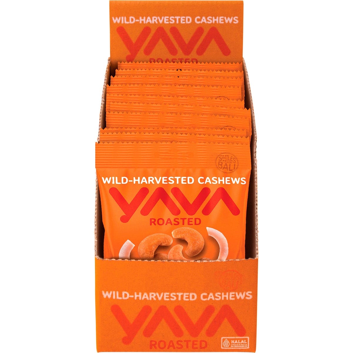 Ten-pack display box and single pouch of YAVA Roasted Cashews with coconut on a white background.