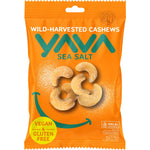 35g bag of YAVA Sea Salt Wild-Harvested Cashews on a white background with blue and white illustrations.