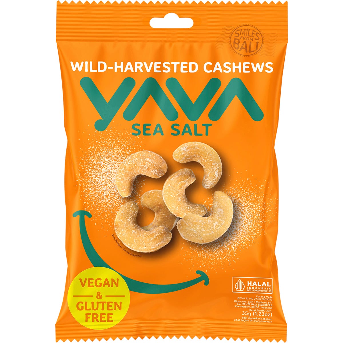 35g bag of YAVA Sea Salt Wild-Harvested Cashews on a white background with blue and white illustrations.