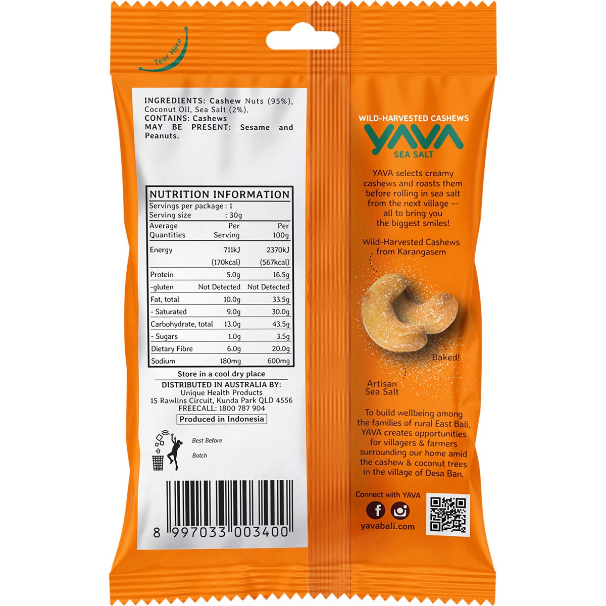 Back of a Yava Sea Salt Cashew 35g pouch showing nutritional facts, ingredients, and company information.