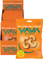 Ten-pack box and single 35g pouch of Yava Wild-Harvested Sea Salt Cashews with loose nuts.