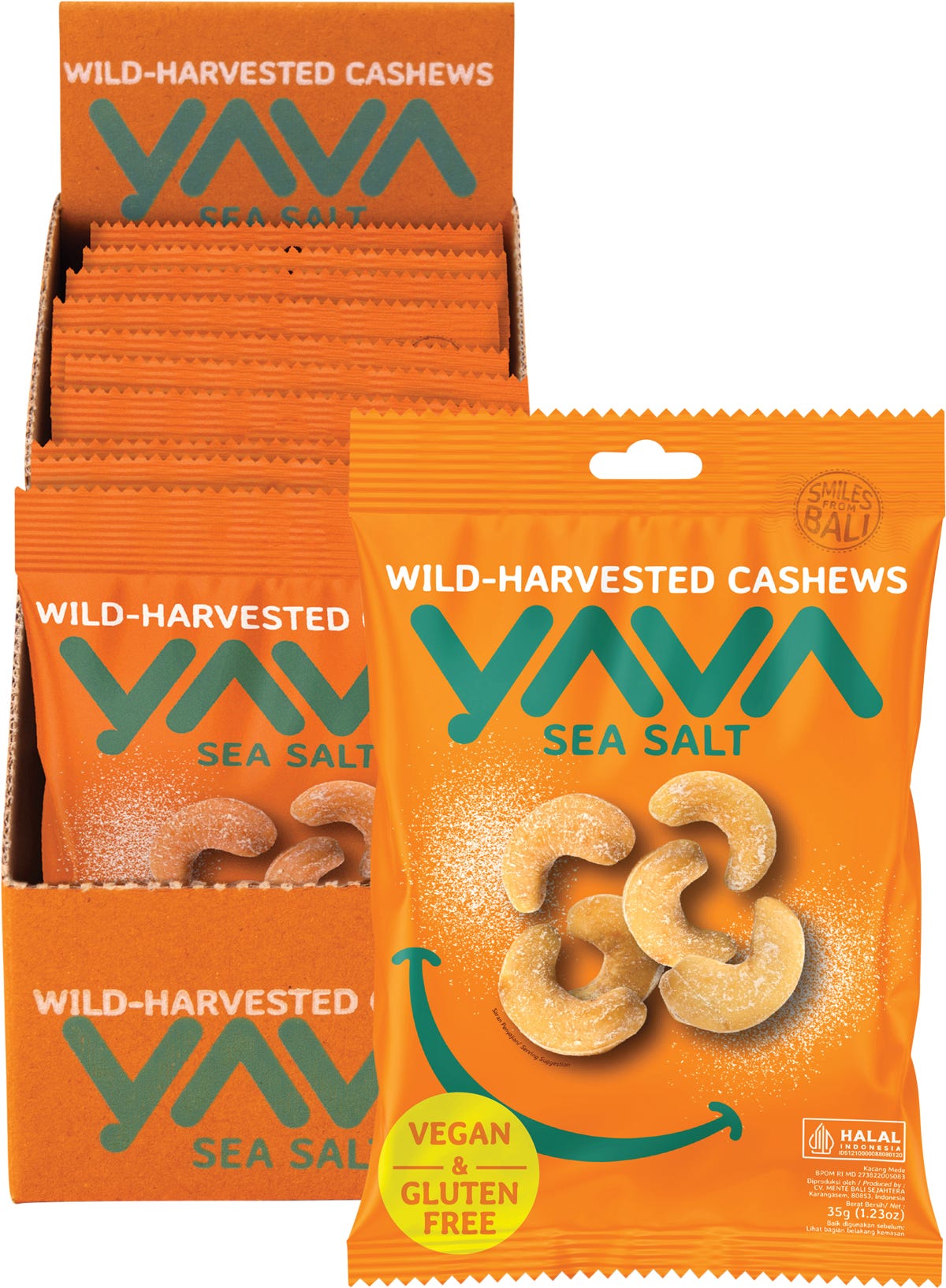 Ten-pack box and single 35g pouch of Yava Wild-Harvested Sea Salt Cashews with loose nuts.