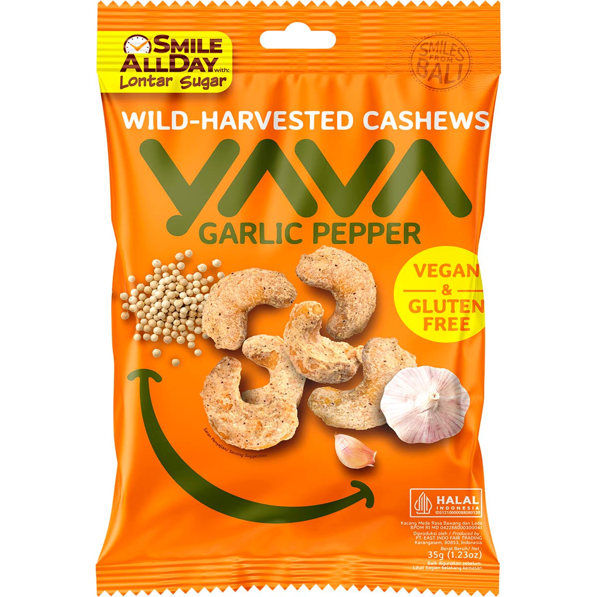 35g pouch of YAVA Garlic Pepper Wild-Harvested Cashews.