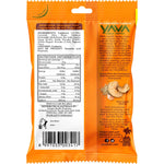 Back of a 35g Yava Garlic Pepper Cashews pouch showing nutrition facts, ingredients, and Bali-made origin details.