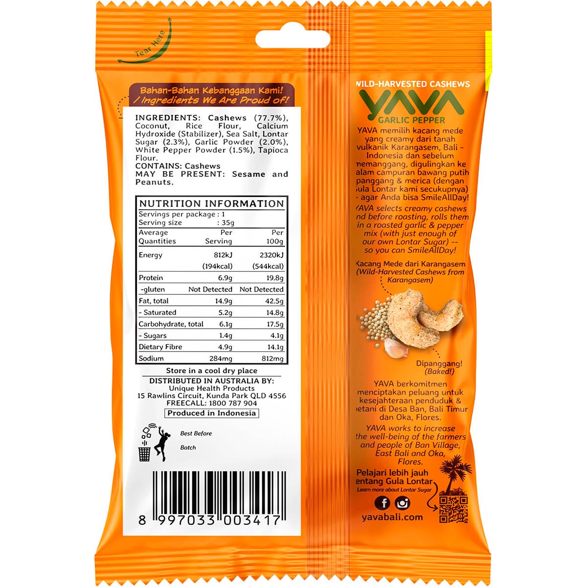 Back of a 35g Yava Garlic Pepper Cashews pouch showing nutrition facts, ingredients, and Bali-made origin details.