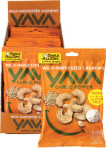 A 10-pack of YAVA Garlic Pepper Wild-Harvested Cashews in individual 35g bags and a retail display box.