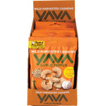 Retail display box of YAVA Garlic Pepper Wild-Harvested Cashews with several 35g snack pouches.