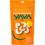 75g bag of YAVA Wild-Harvested Raw Cashews featuring a blue and white label with cashew illustrations.