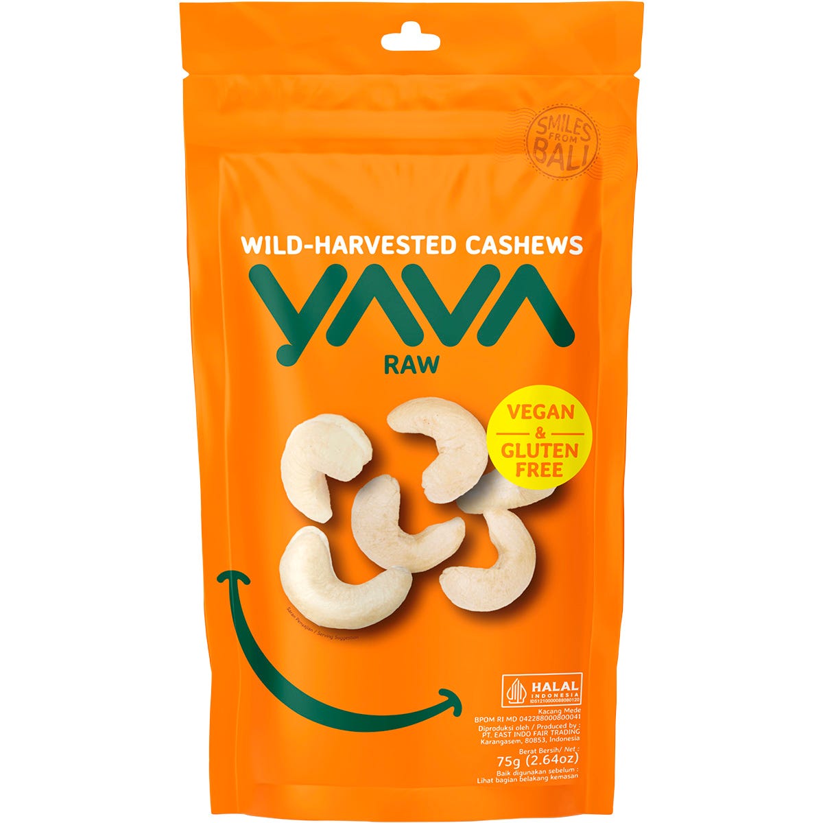 75g bag of YAVA Wild-Harvested Raw Cashews featuring a blue and white label with cashew illustrations.