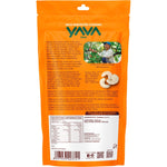 Back of YAVA Wild-Harvested Raw Cashews 75g pack with nutrition facts, ingredients, and storage instructions.