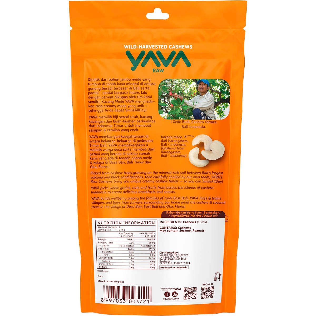 Back of YAVA Wild-Harvested Raw Cashews 75g pack with nutrition facts, ingredients, and storage instructions.